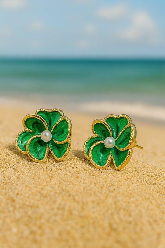 Jewello trendy gold-plated flower design with green stone and white pearl bead stud Korean earring for women and girls.
