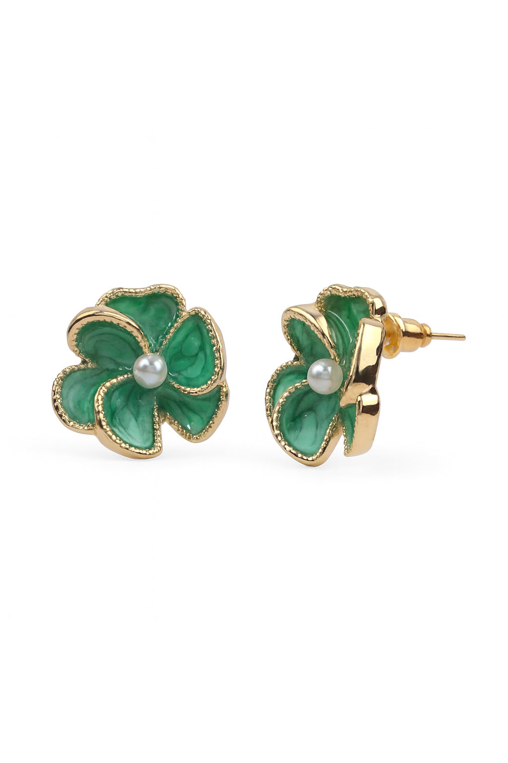 Jewello trendy gold-plated flower design with green stone and white pearl bead stud Korean earring for women and girls.