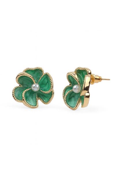 Jewello trendy gold-plated flower design with green stone and white pearl bead stud Korean earring for women and girls.