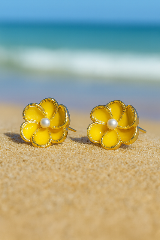 Jewello elegant gold-plated flower design with yellow stone and pearl bead stud dainty Korean earring for women and girls.