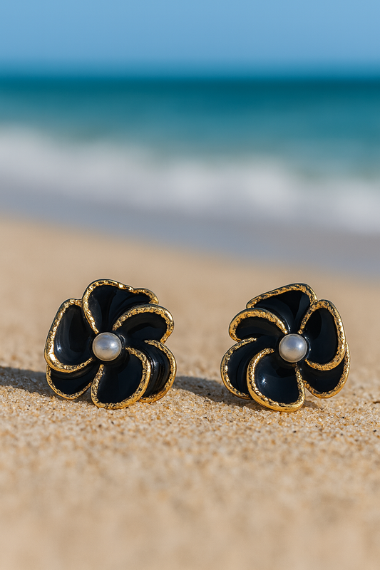Jewello fancy gold plated flower design with black stone and white pearl stud dainty Korean earring for women and girls.