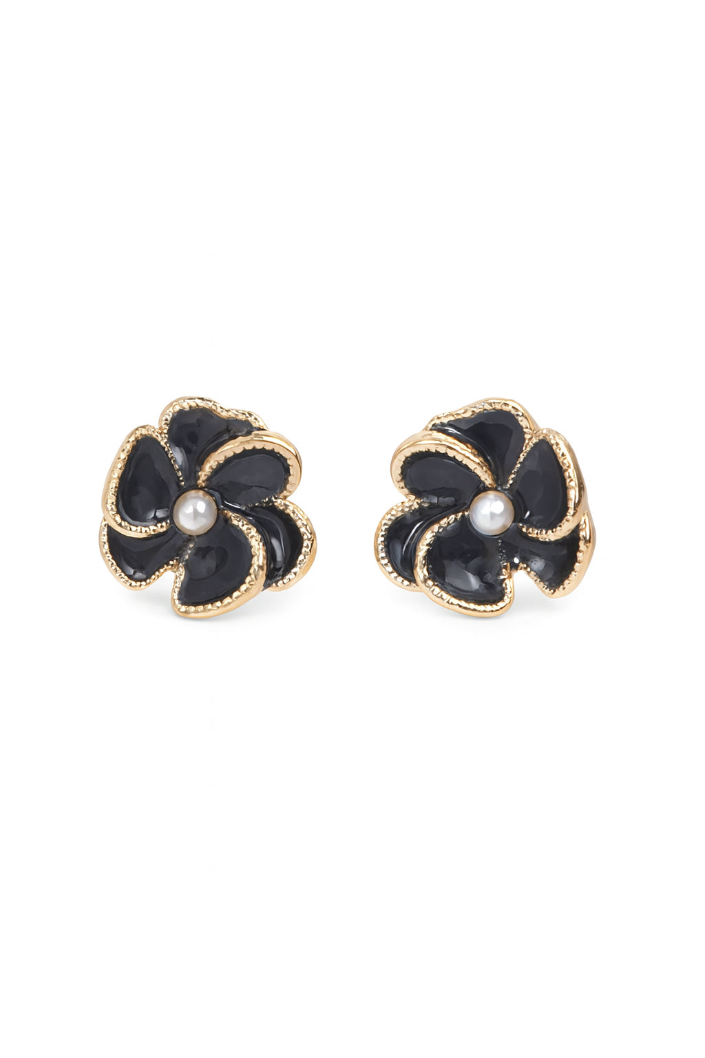 Jewello fancy gold plated flower design with black stone and white pearl stud dainty Korean earring for women and girls.