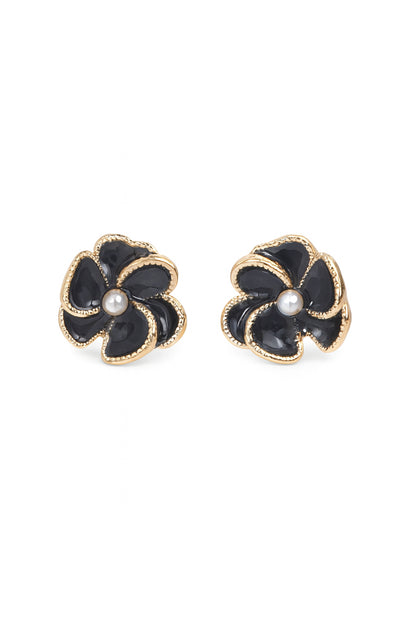 Jewello fancy gold plated flower design with black stone and white pearl stud dainty Korean earring for women and girls.