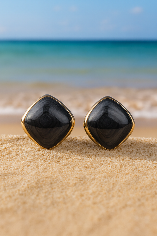 Jewello fashionable gold-plated square design black stone stud dainty Korean earring for women and girls.