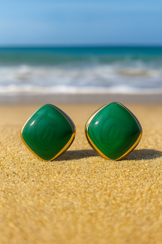 Jewello trendy gold-plated square design with green stone stud dainty anti tarnish Korean earring for women and girls.