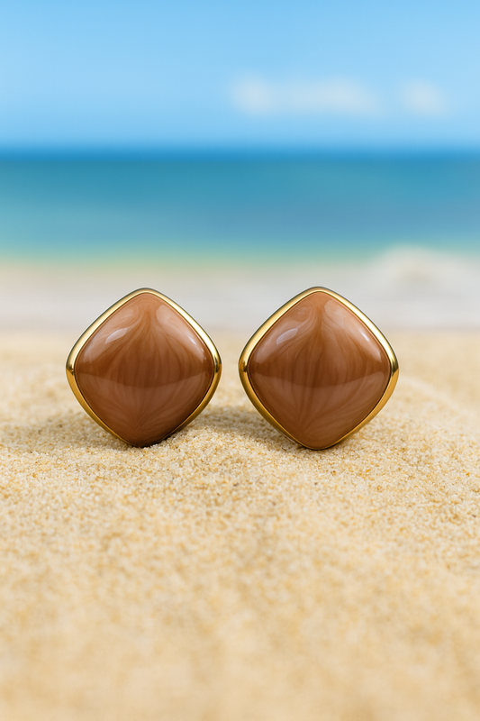 Jewello delicate gold-plated square design with brown stone stud anti tarnish dainty Korean earring for women and girls.