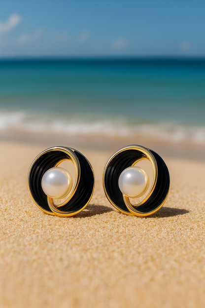 Jewello trendy gold-plated black colour with white pearl stud Korean earring for women and girls. Daily wear earring, office wear earring, gift for her.