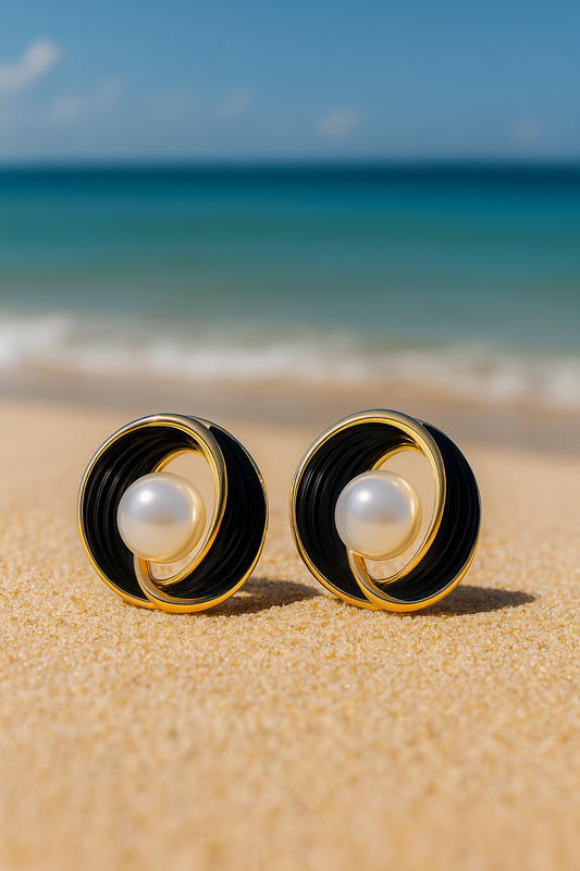 Jewello trendy gold-plated black colour with white pearl stud Korean earring for women and girls. Daily wear earring, office wear earring, gift for her.