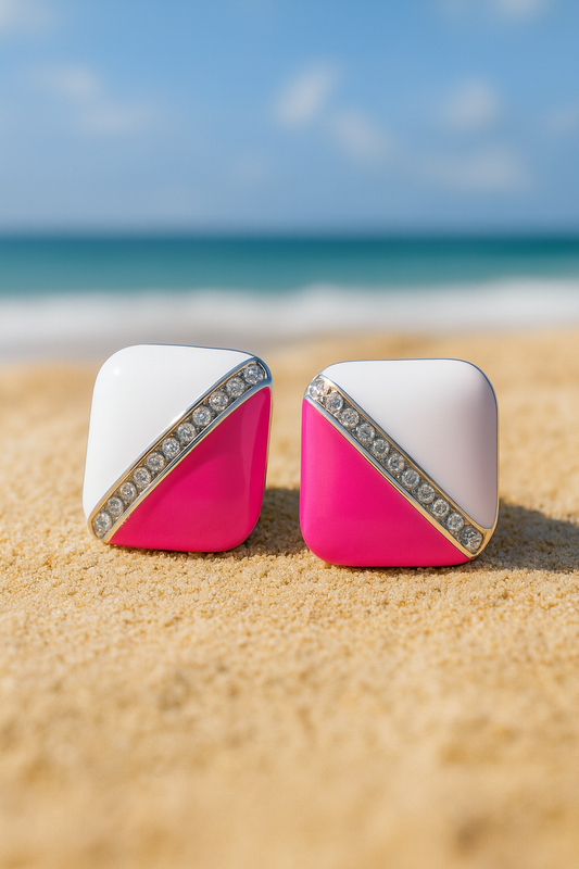 Jewello fancy square design with white pink colure and white diamond stud dainty Korean earring for women and girls, daily wear earring, office wear earring, party wear earring. Gift for her.