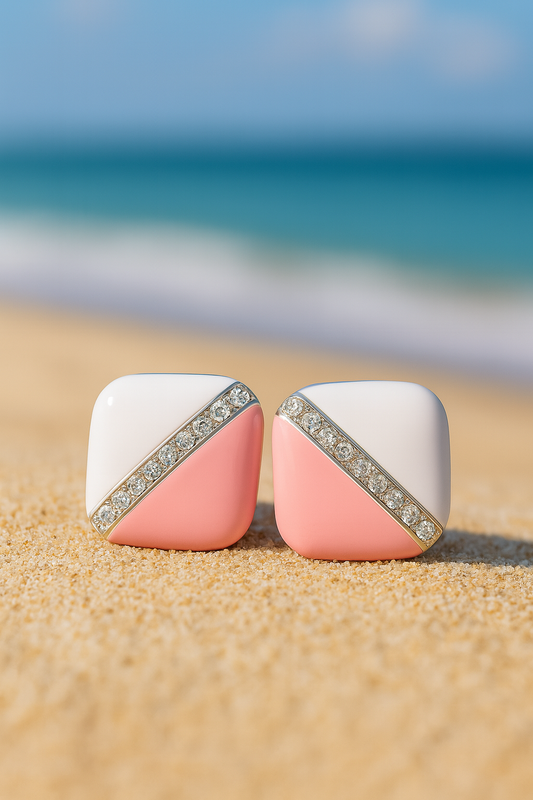 Jewello stylish square design with white light pink colour and white diamond stud Korean earring for women and girls, daily wear earring, party wear earring, office wear earring, gift for her.