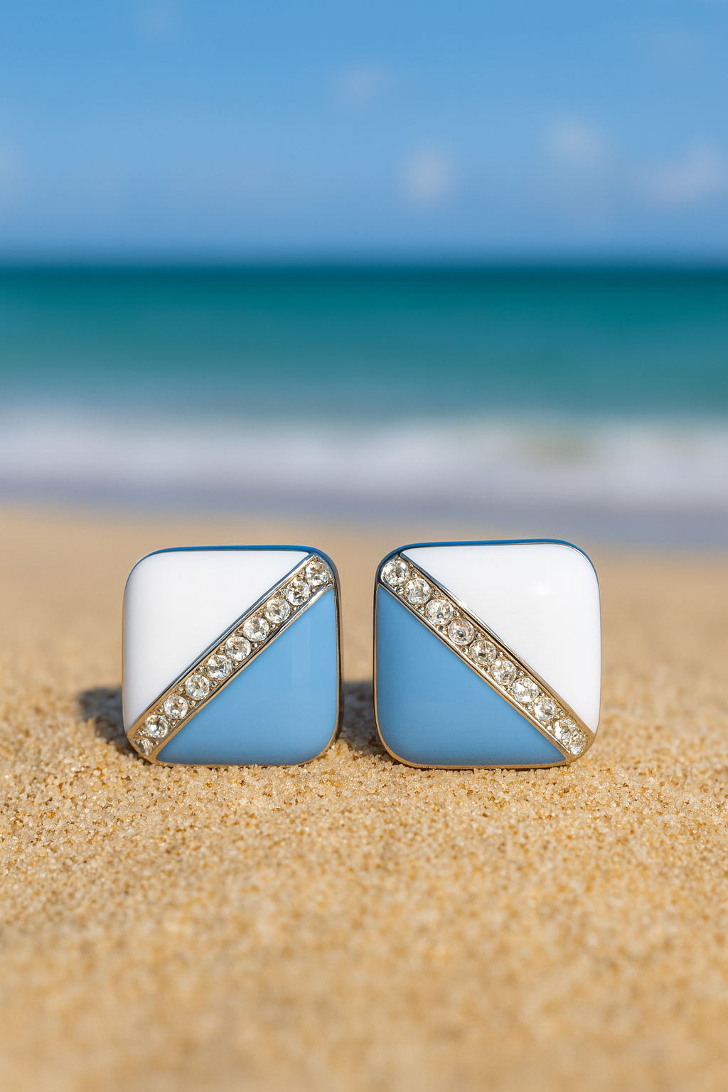 Jewello fashionable square design with white sky blue and white shimmering American diamond stud Korean earring for women and girls, daily wear earring, office wear earring, party wear earring, gift for her.