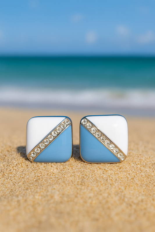 Jewello fashionable square design with white sky blue and white shimmering American diamond stud Korean earring for women and girls, daily wear earring, office wear earring, party wear earring, gift for her.