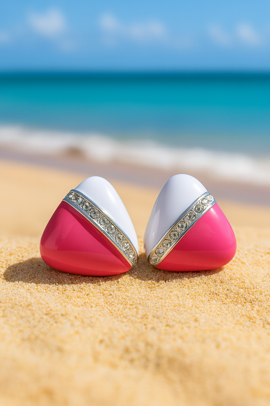 Jewello delicate triangle shape white pink colour with shimmering white diamond stud Korean earring for women and girls, daily wear earring, office wear earring, party wear earring, gift for her.
