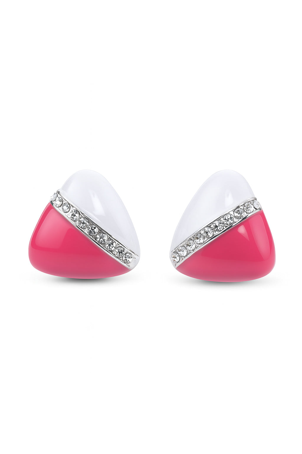 Jewello delicate triangle shape white pink colour with shimmering white diamond stud Korean earring for women and girls, daily wear earring, office wear earring, party wear earring, gift for her.