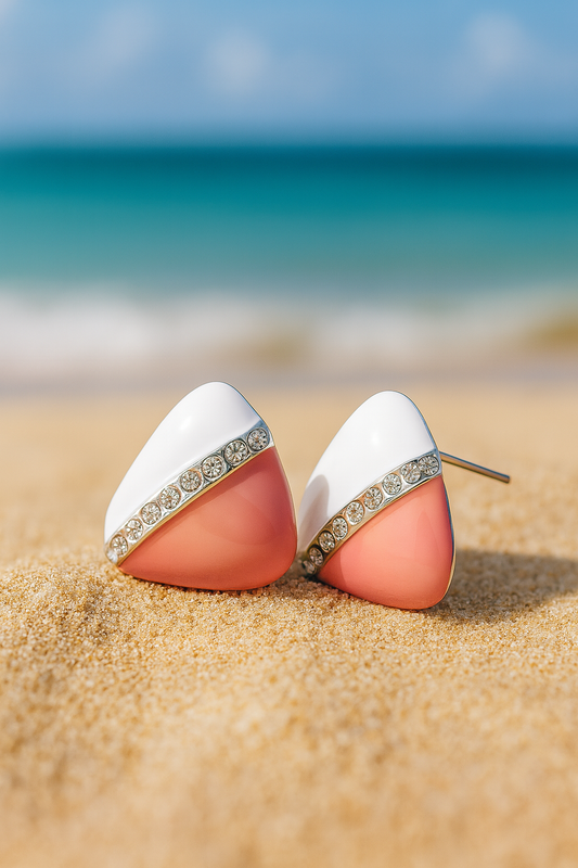 Jewello triangle shape design with white light pink colour and shimmering white diamond stud dainty Korean earring for women and girls, daily wear earring, office wear earring, party wear earring, gift for her.