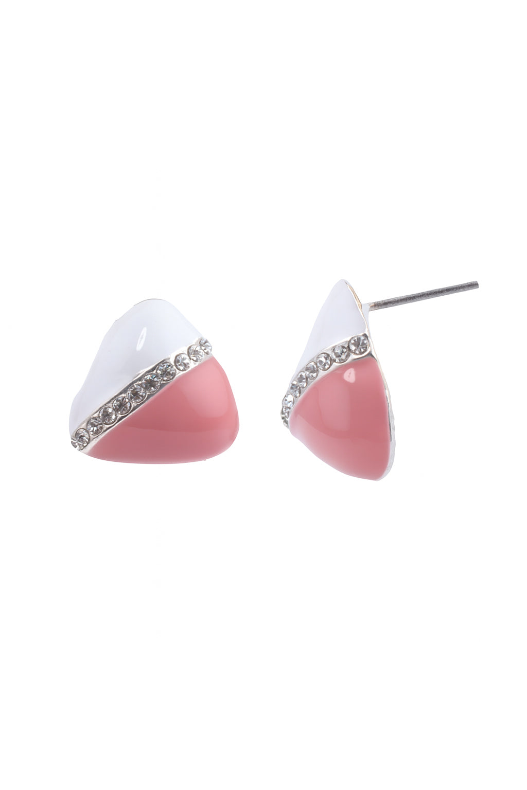 Jewello triangle shape design with white light pink colour and shimmering white diamond stud dainty Korean earring for women and girls, daily wear earring, office wear earring, party wear earring, gift for her.