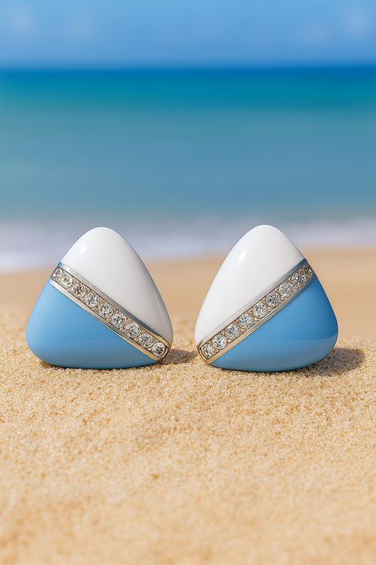 Jewello delicate triangle shape design with white sky-blue colour and shimmering white diamond stud Korean earring for women and girls. Daily wear earring, office wear earring. Party wear earring. Gift for her.