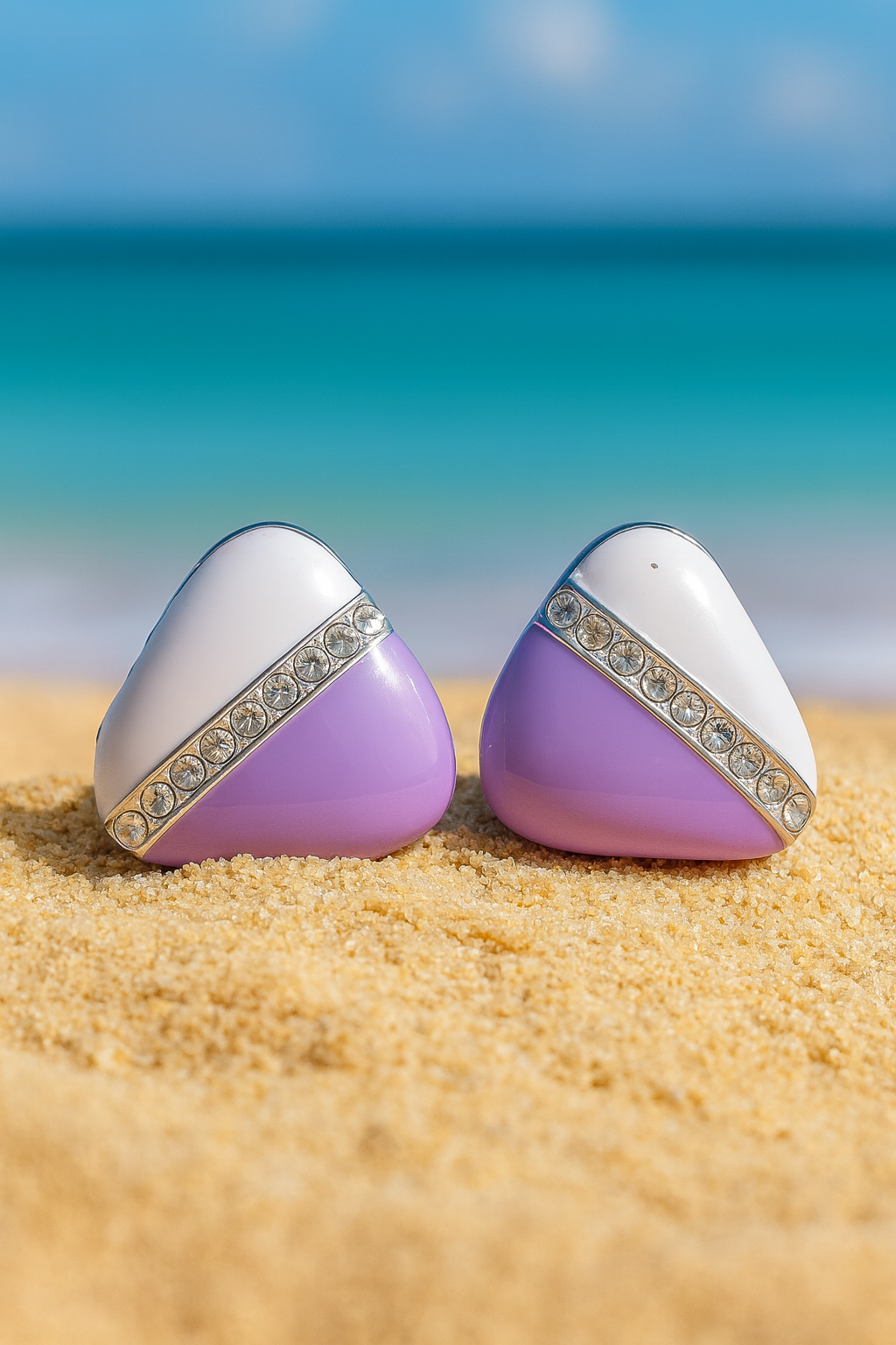 Jewello elegant triangle shape design with white purple colour and shimmering white diamond stud dainty Korean earring for women and girls. Daily wear earring. Office wear earring. Gift for her.