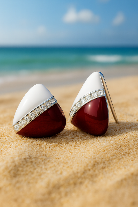 Jewello delicate triangle shape design with white brown colour and shimmering white diamond stud dainty Korean earring for women and girls. Daily wear earring. Office wear earring. Gift for her.