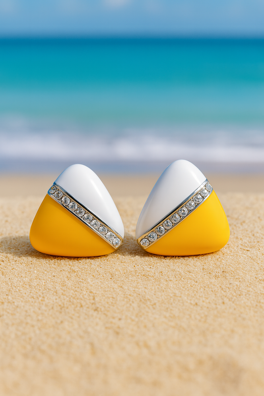 Jewello fancy triangle shape design with white yellow colour and shimmering white diamond stud dainty Korean earring for women and girls. Daily wear earring. Office wear earring. Gift for her.
