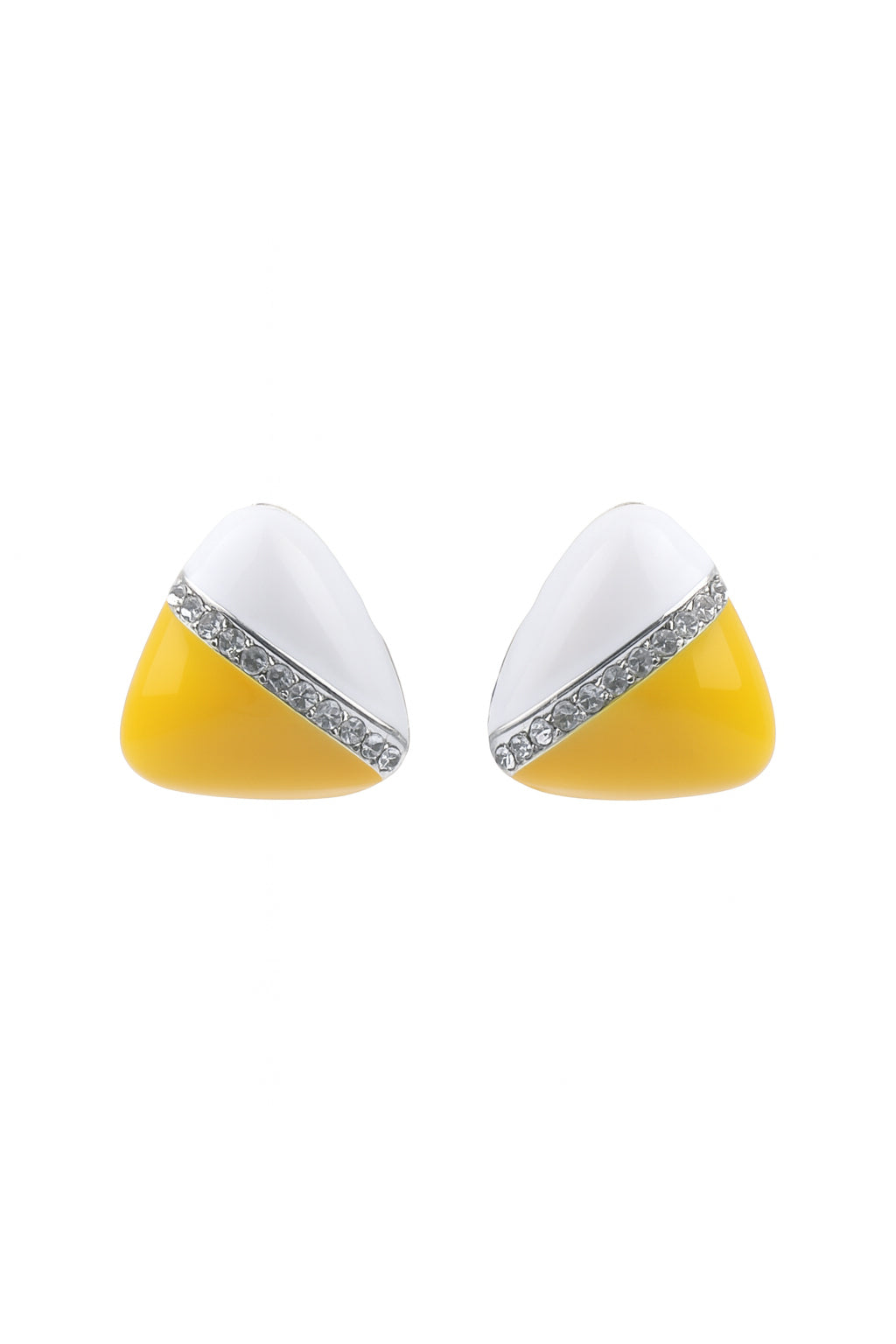 Jewello fancy triangle shape design with white yellow colour and shimmering white diamond stud dainty Korean earring for women and girls. Daily wear earring. Office wear earring. Gift for her.