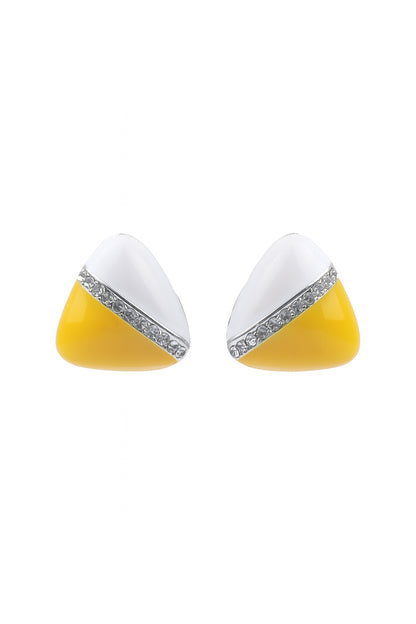 Jewello fancy triangle shape design with white yellow colour and shimmering white diamond stud dainty Korean earring for women and girls. Daily wear earring. Office wear earring. Gift for her.