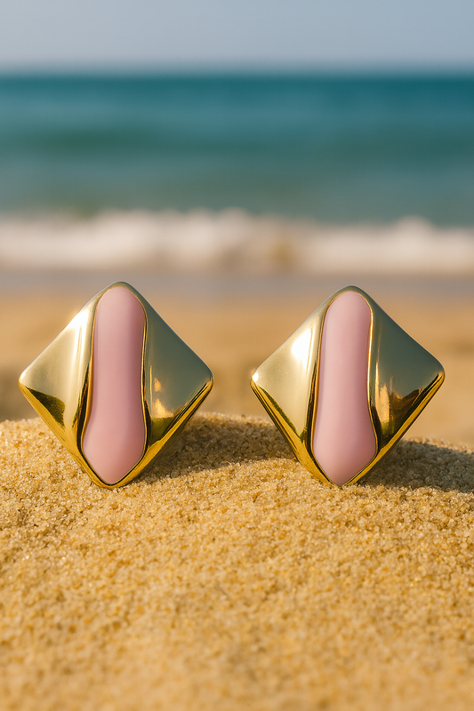 Jewello elegant square design and stainless steal with pink stone stud dainty korean earring for women and girls. Gift for her.