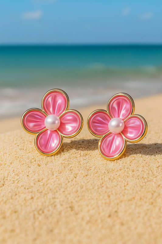 Jewello alluring gold plated flower design with pink stone and pearl bead stud anti tarnish korean earring for women and girls. Daily wear earring, party wear earring. Gift for her