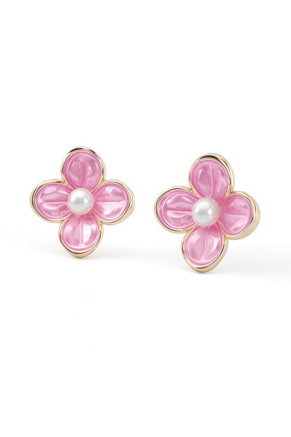 Jewello alluring gold plated flower design with pink stone and pearl bead stud anti tarnish korean earring for women and girls. Daily wear earring, party wear earring. Gift for her