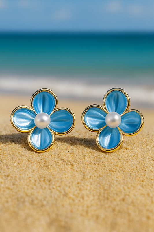 Jewello delicate gold-plated flower design and sky blue with pearl bead stud dainty anti tarnish korean earring for women and girls. Daily wear earring, office wear earring. Gift for her.