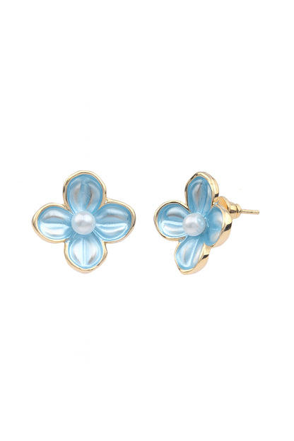Jewello delicate gold-plated flower design and sky blue with pearl bead stud dainty anti tarnish korean earring for women and girls. Daily wear earring, office wear earring. Gift for her.