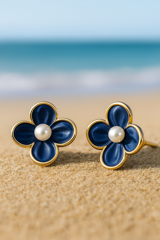 Jewello trendy flower design with black colour and pearl bead stud dainty korean earring for women and girls. Gift for her.