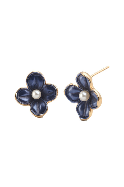 Jewello trendy flower design with black colour and pearl bead stud dainty korean earring for women and girls. Gift for her.