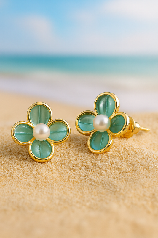 Jewello fancy gold plated flower design with pearl bead stud dainty anti tarnish korean earring for women and girls. Daily wear earring, office wear earring. Gift for her.