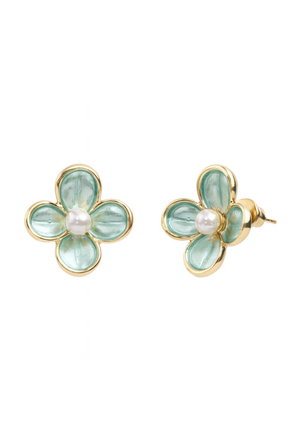 Jewello fancy gold plated flower design with pearl bead stud dainty anti tarnish korean earring for women and girls. Daily wear earring, office wear earring. Gift for her.