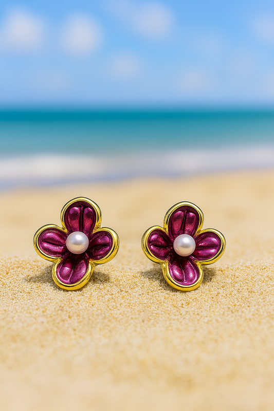 Jewello trendy gold-plated flower design with purple colour and white pearl bead stud dainty korean earring for women and girls. Daily wear earring, office wear earring. Gift for her.