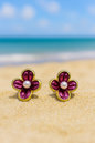 Jewello trendy gold-plated flower design with purple colour and white pearl bead stud dainty korean earring for women and girls. Daily wear earring, office wear earring. Gift for her.