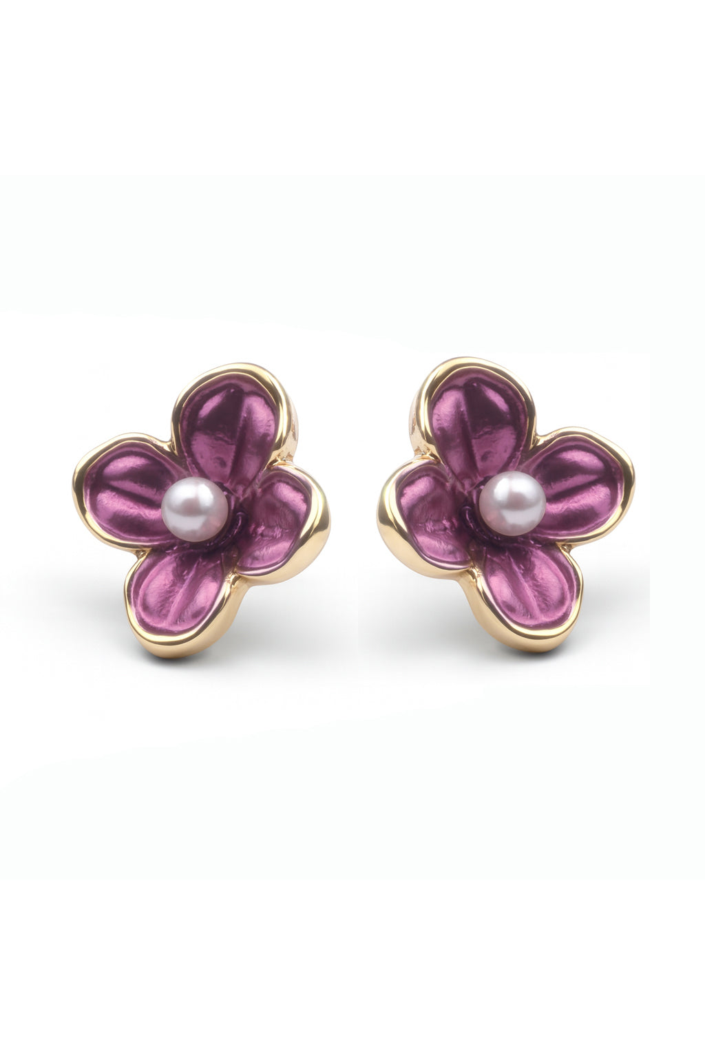 Jewello trendy gold-plated flower design with purple colour and white pearl bead stud dainty korean earring for women and girls. Daily wear earring, office wear earring. Gift for her.