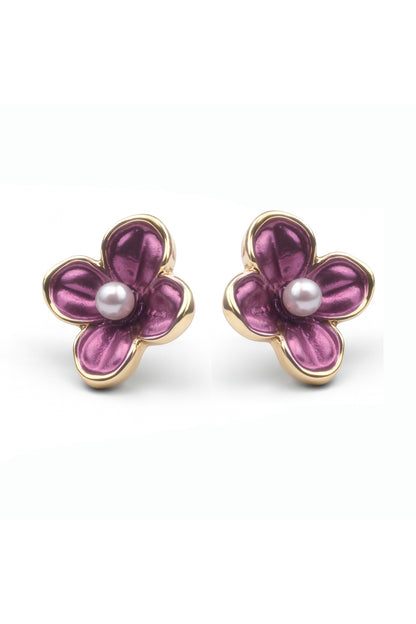 Jewello trendy gold-plated flower design with purple colour and white pearl bead stud dainty korean earring for women and girls. Daily wear earring, office wear earring. Gift for her.