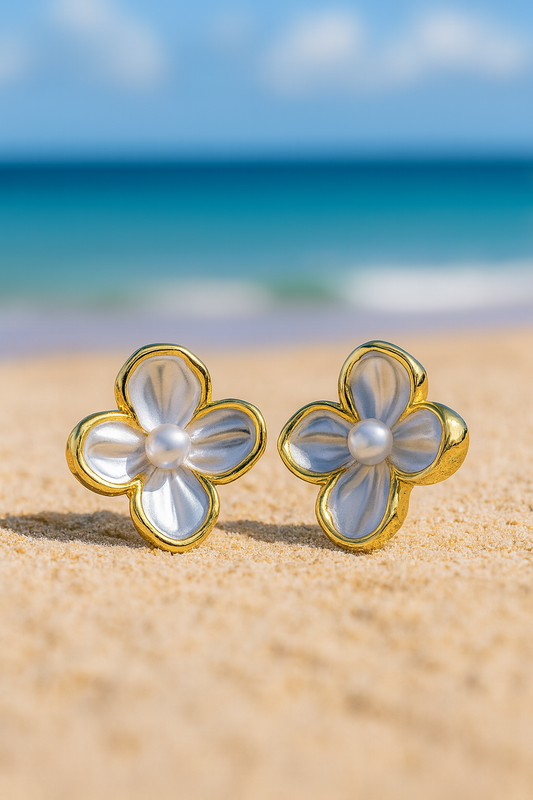 Jewello fashionable gold-plated flower design with light pink stone and with pearl bead stud dainty korean earring for women and girls. Daily wear earring, office wear earring. Gift for her.