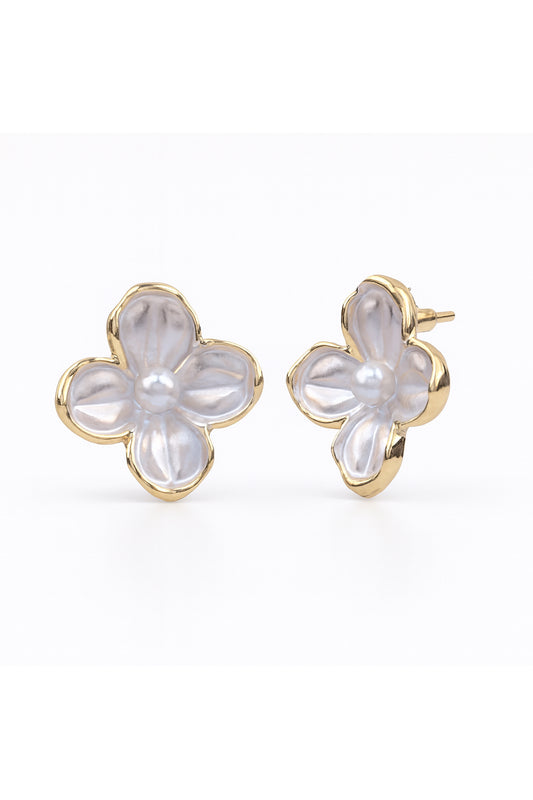 Jewello fashionable gold-plated flower design with light pink stone and with pearl bead stud dainty korean earring for women and girls. Daily wear earring, office wear earring. Gift for her.