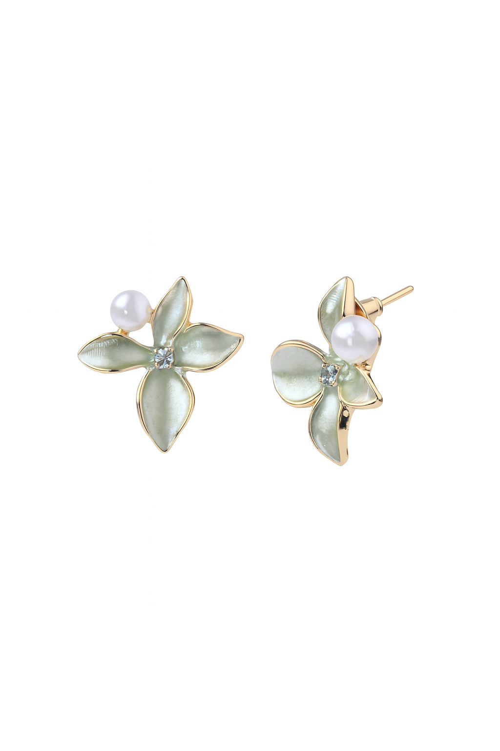 Jewello elegant gold-plated flower design light pink with white pearl bead and stone stud dainty korean earring for women and girls. Gift for her.