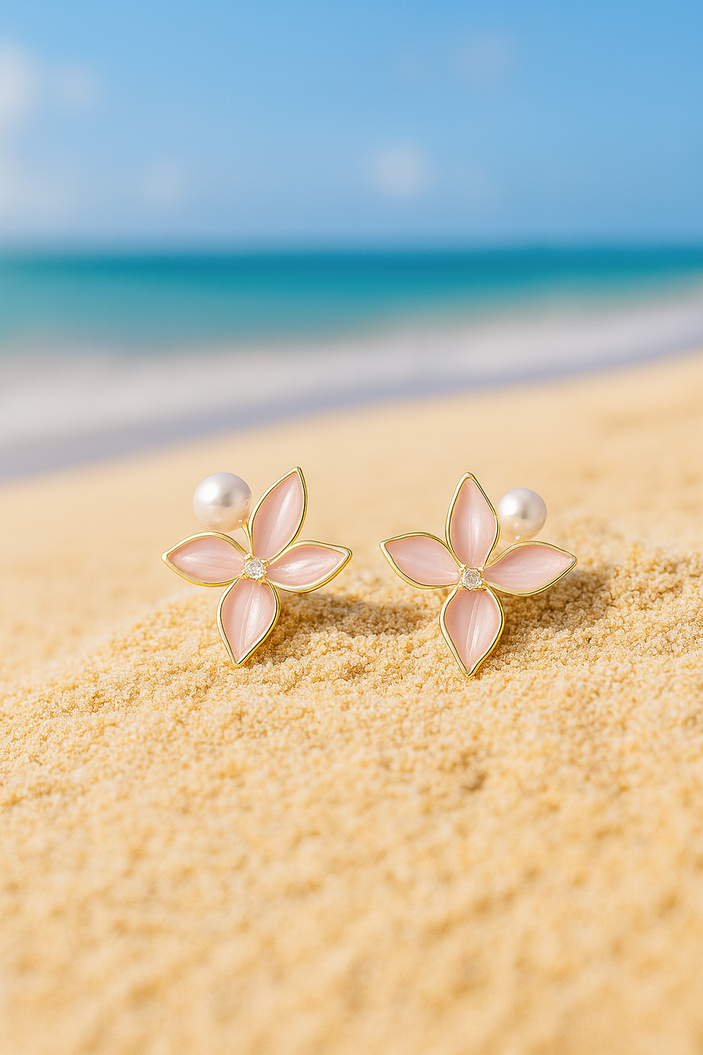 Jewello elegant gold-plated flower design pinkwith white pearl bead and stone stud dainty korean earring for women and girls. Gift for her.