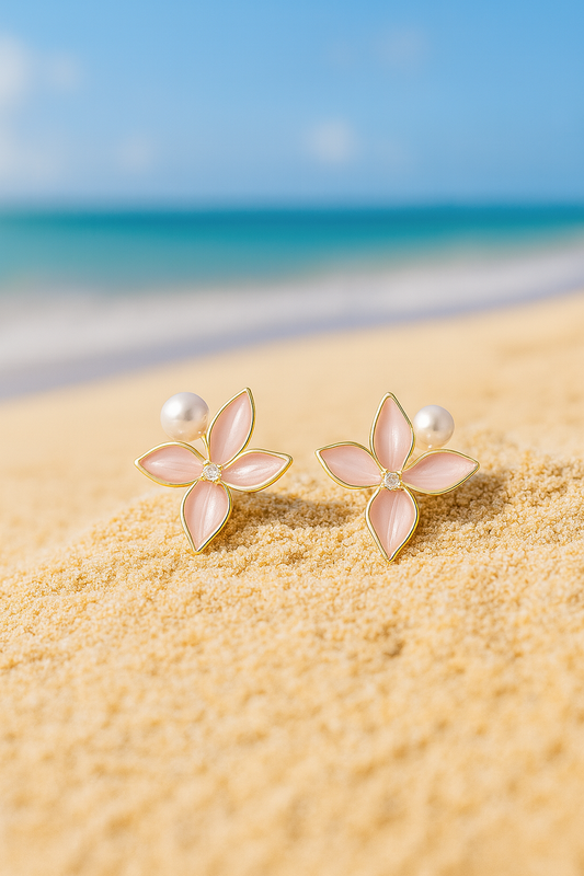 Jewello elegant gold-plated flower design pinkwith white pearl bead and stone stud dainty korean earring for women and girls. Gift for her.