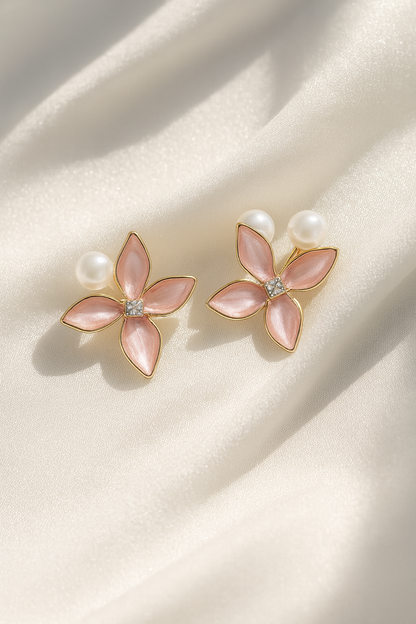 Jewello elegant gold-plated flower design pinkwith white pearl bead and stone stud dainty korean earring for women and girls. Gift for her.