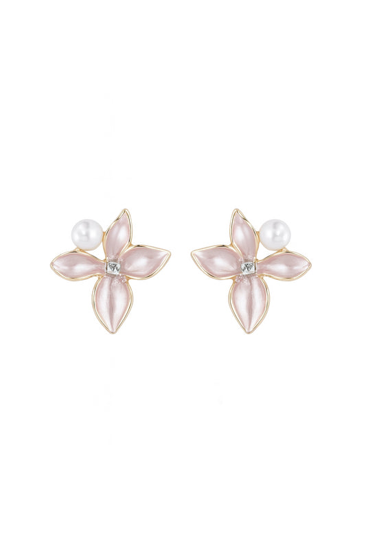 Jewello elegant gold-plated flower design pinkwith white pearl bead and stone stud dainty korean earring for women and girls. Gift for her.