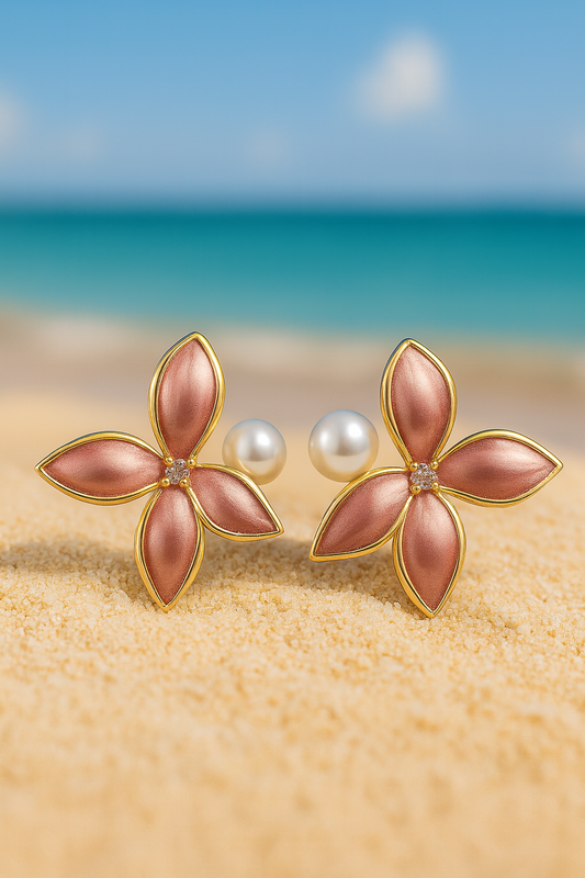 Jewello trendy gold plated flower design with pear bead stud dainty korean earring for women and girls. Daily wear earring, party wear earring, gift for her.