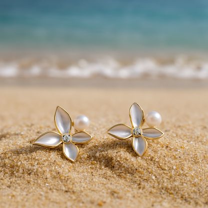 Jewello gorgeous gold-plated flower design white colour pearl bead and white stone stud anti tarnish dainty korean earring for women and girls.