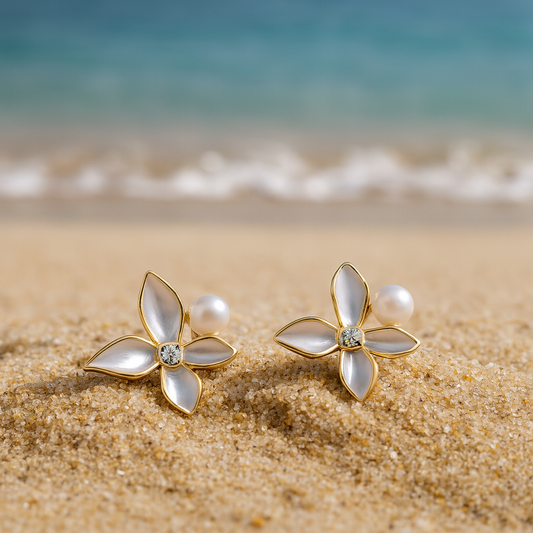 Jewello gorgeous gold-plated flower design white colour pearl bead and white stone stud anti tarnish dainty korean earring for women and girls.