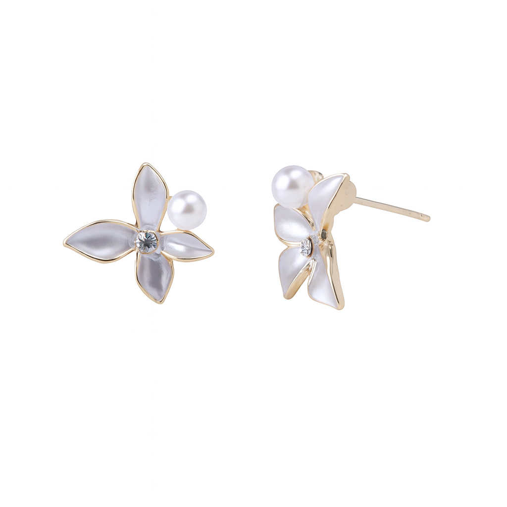 Jewello gorgeous gold-plated flower design white colour pearl bead and white stone stud anti tarnish dainty korean earring for women and girls.
